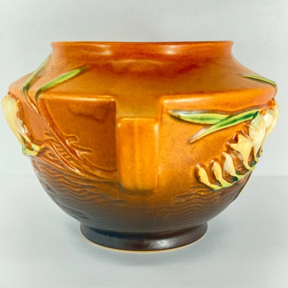 Vintage Roseville Freesia Vase 463-5 Brown‎ Double Handled Art Pottery 5